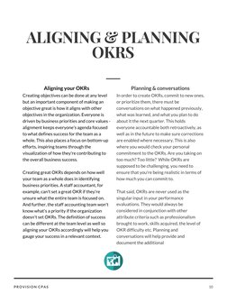 10
PROVISION CPAS
ALIGNING & PLANNING
OKRS
Planning & conversations
In order to create OKRs, commit to new ones,
or prioritiz