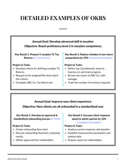 7
PROVISION CPAS
Objective: Reach proficiency level 2 in taxation competency
Key Result 1: Prepare 5 complex T2 Tax
Returns (