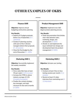 8
PROVISION CPAS
OTHER EXAMPLES OF OKRS
Finance OKR
Objective: Improve annual
budgeting and business planning
Key Results:
Su