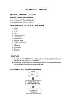 INFORME DE POLLO RELLENO.
FECHA DE LA PRACTICA: 30/11/2019
NOMBRE DE LOS INTEGRANTES:
Jimena Alexandra Alfonso Rodriguez.
Day