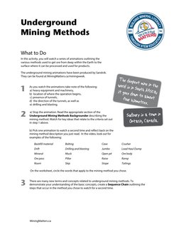 Underground 
Mining Methods
What to Do
In this activity, you will watch a series of animations outlining the 
various methods