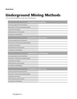 Underground Mining Methods
1. As you watch the animations take note of the following:	
Mining Method: Room and Pillar
(a) hea