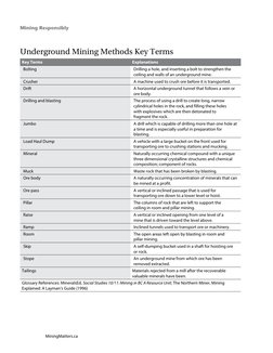 Mining Responsibly
Underground Mining Methods Key Terms
Key Terms
Explanations
Bolting 
Drilling a hole, and inserting a bolt