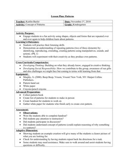 Lesson Plan: Patterns
Teacher: Kaitlin Basler
Date: November 3rd, 2010
Activity: Concept of Patterns
Grade: Kindergarten
Acti