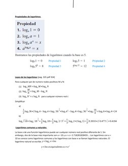 Propiedades de logaritmos 
Leyes de los logaritmos [pag. 325 pdf 354]
Para cualquier par de numero reales positivos M y N:
(1