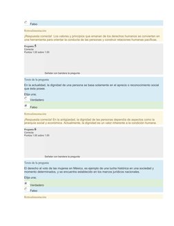 Falso
Retroalimentación
¡Respuesta correcta!  Los valores y principios que emanan de los derechos humanos se convierten en 
u