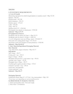 TOCINO
I. INVESTMENT REQUIREMENTS
A. Cost of Utensils
Measuring cup/spoon for solid & liquid (plastic or stainless steel) = P