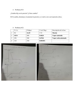• Problema #15: 
¿Cambia hfg con la presión? ¿Cómo cambia? 
R/ Si cambia, disminuye al aumentar la presión y se vuelve cero c