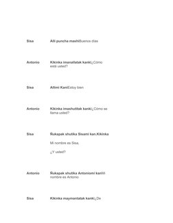  
Sisa
Alli puncha mashiBuenos días
 
Antonio
Kikinka imanallatak kanki¿Cómo 
está usted?
 
Sisa
Allimi KaniEstoy bien
 
Anto