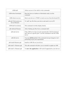 ADB shell
Allows access to Unix shell to write commands
ADB reboot bootloader
Boot the device to fastboot or Bootloader mode,