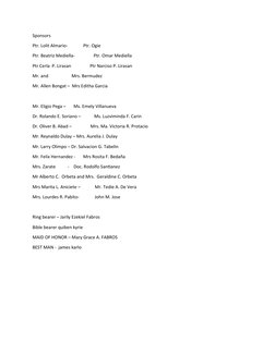 Sponsors
Ptr. Lolit Almario-              Ptr. Ogie
Ptr. Beatriz Mediella-                 Ptr. Omar Mediella
Ptr Cerla  P. L