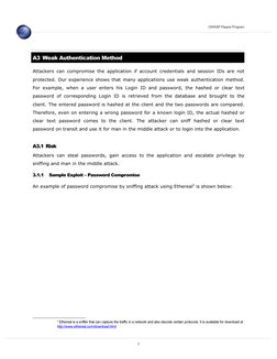 OWASP Papers Program
A3 Weak Authentication Method
Attackers can compromise the application if account credentials and sessio