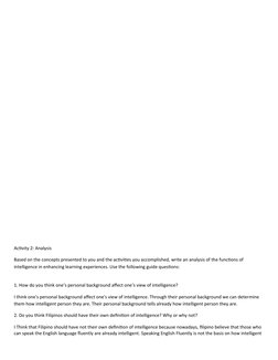 Activity 2: Analysis
Based on the concepts presented to you and the activities you accomplished, write an analysis of the fun