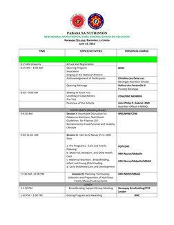 PABASA SA NUTRISYON
NEW NORMAL NA NUTRISYON, SAMA-SAMANG GAWAN NG SOLUSYON!
Barangay Sta cruz, Bacnotan, La Union
June 13, 20