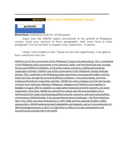MODULE:  SS02: THE CONTEMPORARY WORLD 
 
ACTIVITY 
Directions: Individual work for 10 full points. 
Argue how the ASEAN