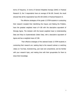 terms of frequency. In terms of General Weighted Average (GWA) in Practical
Research II, the 3 respondents have an average of