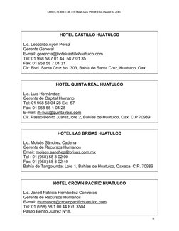 DIRECTORIO DE ESTANCIAS PROFESIONALES  2007   
9
HOTEL QUINTA REAL HUATULCO
Lic. Luis Hernández 
Gerente de Capital Humano
Te