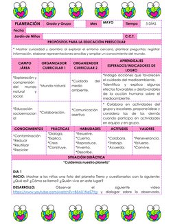 PLANEACIÓN 
Grado y Grupo 
 
Mes 
MAYO 
Tiempo 
5 DÍAS 
Fecha 
 
Jardín de Niños 
 
C.C.T. 
 
PROPÓSITOS PARA LA EDUCACIÓ