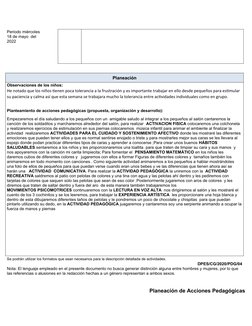 Periodo miércoles 
18 de mayo  del 
2022
Planeación
Observaciones de los niños:
He notado que los niños tienen poca toleranci