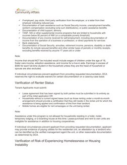 ü
If employed, pay stubs, third party verification from the employer, or a letter from their
employer indicating reduced pay