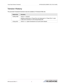 Texas Project Delivery Framework 
 
SYSTEM DEVELOPMENT LIFE CYCLE GUIDE 
Version History 
This and other Framework Extension