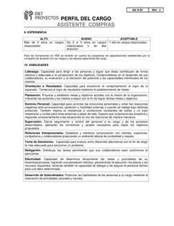 PERFIL DEL CARGO 
                       ASISTENTE  COMPRAS 
 
 
 
 
 
 
9. EXPERIENCIA 
 
ALTO 
BUENO 
ACEPTABLE 
Más de