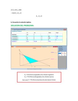 25 X1+8 X2≥800 
−0.60 X1+X 2≥0
X1, X2≥0
b. Encuentre la solución óptima. 
SOLUCION DEL PROBLEMA: 
X1=9.41horasasignadasalos c