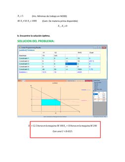 X2≥5                (Hrs. Mínimas de trabajo en M200)
40 X1+50 X2≤1000          (Cant. De materia prima disponible)
X1, X2≥0