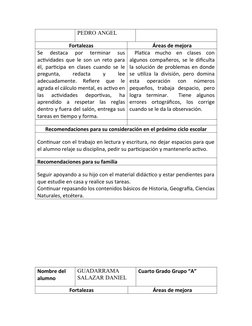PEDRO ANGEL
Fortalezas
Áreas de mejora
Se  destaca  por  terminar  sus
actividades que le son un reto para
él, participa en c