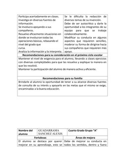 Participa acertadamente en clases.
Investiga en diversas fuentes de 
información.
Se involucra apoyando a sus 
compañeros.
Re
