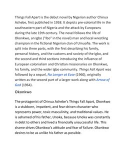 Things Fall Apart is the debut novel by Nigerian author Chinua 
Achebe, first published in 1958. It depicts pre-colonial life