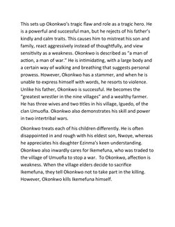 This sets up Okonkwo’s tragic flaw and role as a tragic hero. He 
is a powerful and successful man, but he rejects of his fat