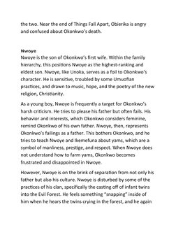 the two. Near the end of Things Fall Apart, Obierika is angry 
and confused about Okonkwo’s death.
Nwoye
Nwoye is the son of