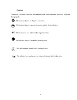 iii 
                 Symbols 
Dear learner! There are Symbols in this module to guide you in your study. Therefore, please