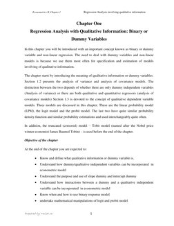 Econometrics II, Chapter 1 
 
 
Regression Analysis involving qualitative information  
 
Prepared by Mulat W.  
1 
Chapter O