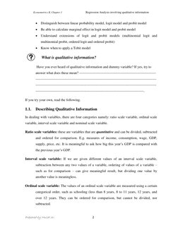 Econometrics II, Chapter 1 
 
 
Regression Analysis involving qualitative information  
 
Prepared by Mulat W.  
2 
 Disting