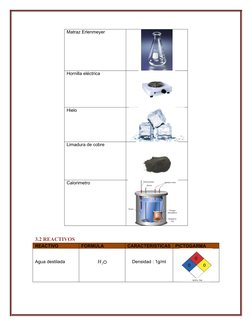Matraz Erlenmeyer
Hornilla eléctrica
Hielo
Limadura de cobre
Calorimetro
3.2 REACTIVOS 
REACTIVO
FORMULA
CARACTERISTICAS
PICT