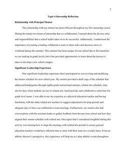 Topic 6 Internship Reflection
Relationship with Principal Mentor
The relationship with my mentor has been efficient throughou
