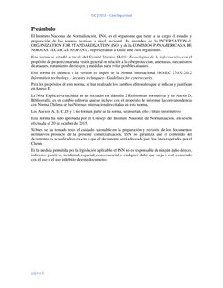 ISO 27032 - CiberSeguridad 
 
página. 6 
Preámbulo 
El Instituto Nacional de Normalización, INN, es el organismo que tiene a