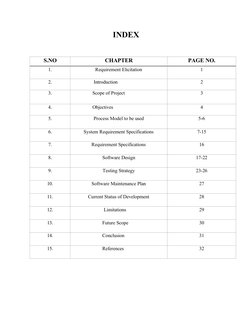 INDEX
S.NO
CHAPTER
PAGE NO.
1.
Requirement Elicitation
1
2.
Introduction
2
3.
Scope of Project
3
4.
Objectives
4
5.
Process M