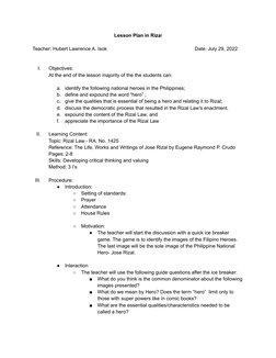 Rizal Law Lesson Plan Overview | PDF | Teachers | Lesson Plan