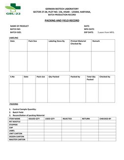 GERMAN BIOTECH LABORATORY
SECTOR 27-28, PLOT NO. 156, HISAR - 125044, HARYANA,
BATCH PRODUCTION RECORD
PACKING AND YIELD RECO