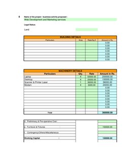 8
Legal Status:
Area
Rate/Sq.ft
Qty.
Rate
4
50000.00
4
25000.00
1
36000.00
4
6000.00
e.  Furniture & Fixtures
