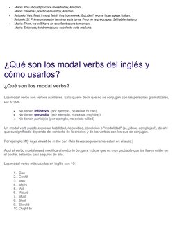 
Mario: You should practice more today, Antonio.
Mario: Deberías practicar más hoy, Antonio.

Antonio: Yes. First, I must f