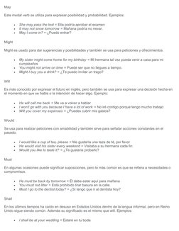 May
Este modal verb se utiliza para expresar posibilidad y probabilidad. Ejemplos: 

She may pass the test = Ella podría apr