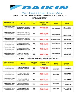 DAIKIN “COOLING KING SERIES” PREMIUM WALL MOUNTED  
(NON-INVERTER) 
DAIKIN “D-SMART SERIES” WALL MOUNTED 
 
 
 
DESCRIPTION