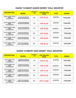DAIKIN “D-SMART QUEEN SERIES” WALL MOUNTED  
 
 
 
DAIKIN “D-SMART KING SERIES” WALL MOUNTED  
 
 
 
 
DESCRIPTION 
 
MODEL