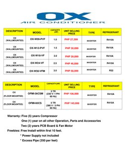 Warranty: Five (5) years Compressor 
   One (1) year on all other Operation, Parts and Accessories 
 
        Two