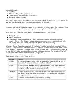 Internal deliverables

Test Plans

Physical and logical test specifications

Test Scenarios, test cases with expected resu