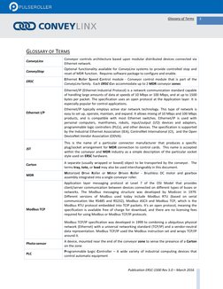 3
Glossary of Terms
Publication ERSC-1500 Rev 5.0 – March 2016
GLOSSARY OF TERMS
ConveyLinx
Conveyor controls archit